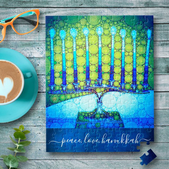 “Peace Love Hanukkah” Artsy Blue & Green Menorah Jigsaw Puzzle (Creator Uploaded)
