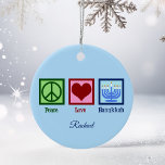 Peace Love Hanukkah Cute Blue Personalised Ceramic Ornament<br><div class="desc">Peace Love Hanukkah ornament for a Jewish person who likes to celebrate Chanukah or Christmakkuh. A pretty peace sign,  heart,  and a beautiful menorah on a pretty blue monogram gift.</div>