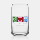 Peace Love Hanukkah Cute Custom Can Glass<br><div class="desc">Peace Love Hanukkah customizable can glass gift with a peace sign, heart, and menorah for a Jewish family celebrating Chanukah.</div>