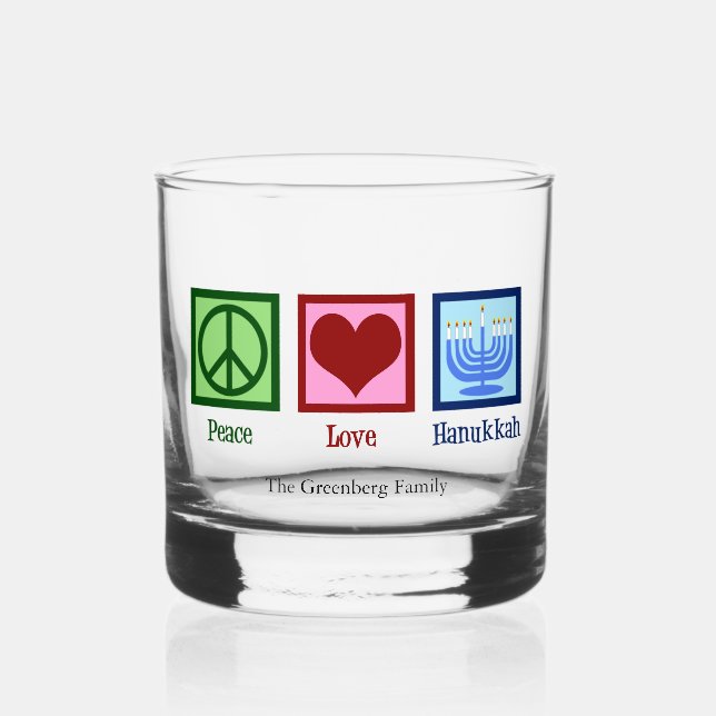 Peace Love Hanukkah Cute Custom Whiskey Glass (Front)