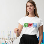 Peace Love Hanukkah Menorah Cute Women's T-Shirt<br><div class="desc">Peace Love Hanukkah women's t-shirt gift for a Jewish friend who likes to celebrate Chanukah. A pretty peace sign,  heart,  and a beautiful menorah.</div>