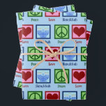 Peace Love Hanukkah Pattern Light Blue Chanukah Wrapping Paper Sheet<br><div class="desc">Peace Love Hanukkah wrapping paper in light blue for a Jewish person who likes to celebrate Chanukah. A pretty peace sign,  heart,  and a beautiful menorah in a cute pattern for the holiday.</div>