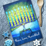 Peace Love Hanukkah Script Blue Green Menorah Tea Towel<br><div class="desc">“Peace, love, Hanukkah.” A close-up photo of a bright, colourful, blue and green artsy menorah helps you usher in the holiday of Hanukkah in style. Feel the warmth and joy of the holiday season whenever you use this bright, colourful Hanukkah kitchen towel. Matching cards, postage, stickers, pillows, housewares, totebags, and...</div>