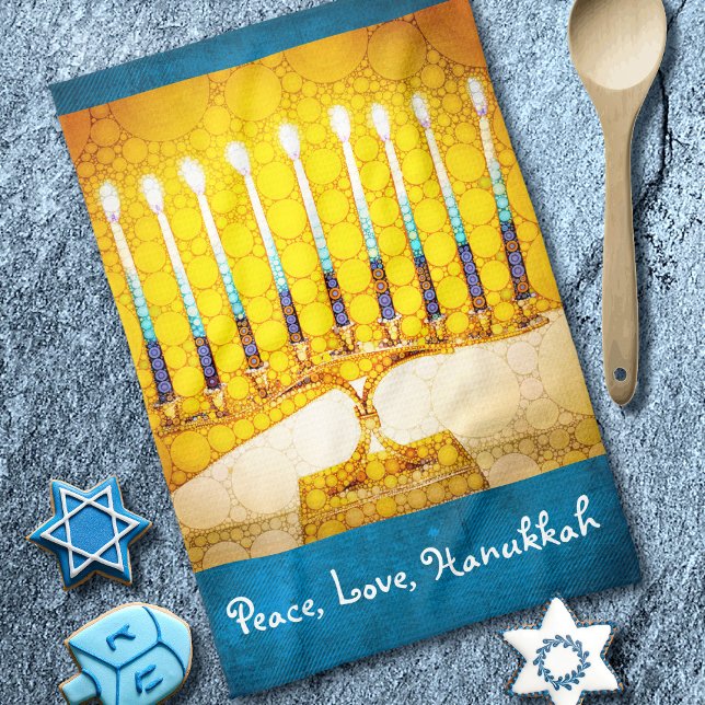 Peace Love Hanukkah Script Yellow Gold Menorah  Tea Towel (Creator Uploaded)