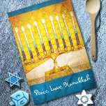 “Peace, Love, Hanukkah” Yellow Gold Menorah Photo Tea Towel<br><div class="desc">“Peace, love, Hanukkah.” A close-up photo of a bright, colourful, yellow and gold artsy menorah helps you usher in the holiday of Hanukkah in style. Feel the warmth and joy of the holiday season whenever you use this bright, colourful Hanukkah kitchen towel. Matching cards, postage, stickers, pillows, housewares, totebags, and...</div>