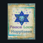 Peace Love Happiness Postcard<br><div class="desc">Hearts,  Star of David,  and the words "Peace Love Happiness" are a lovely way to say Happy Hanukkah.</div>