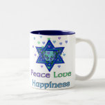 Peace Love Happiness Two-Tone Coffee Mug<br><div class="desc">Hearts, Star of David, and the words "Peace Love Happiness" are a lovely way to say Happy Hanukkah.</div>