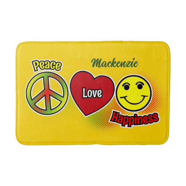 Peace Love Happiness Yellow Bath Mat (Front)