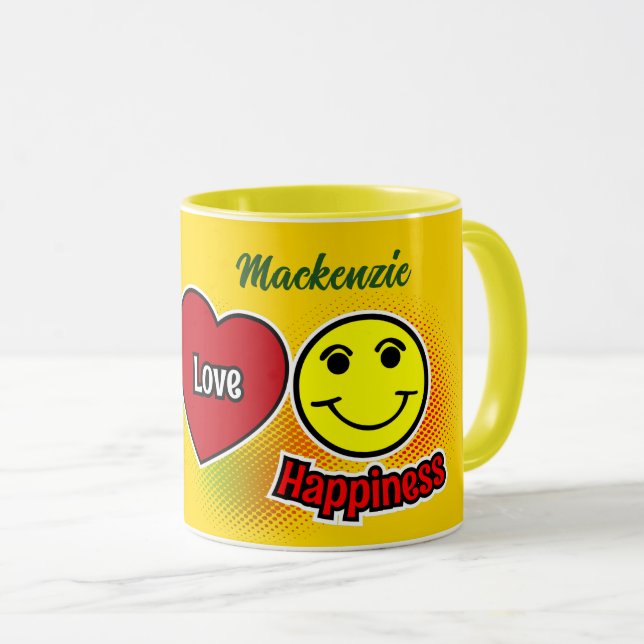 Peace Love Happiness Yellow Mug (Front Right)