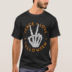 Peace Love Happy Halloween Skeleton Hippy Hand T-Shirt