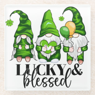 PEACE LOVE HAPPY ST PATRICKS DAY CUTE GNOMES GLASS COASTER