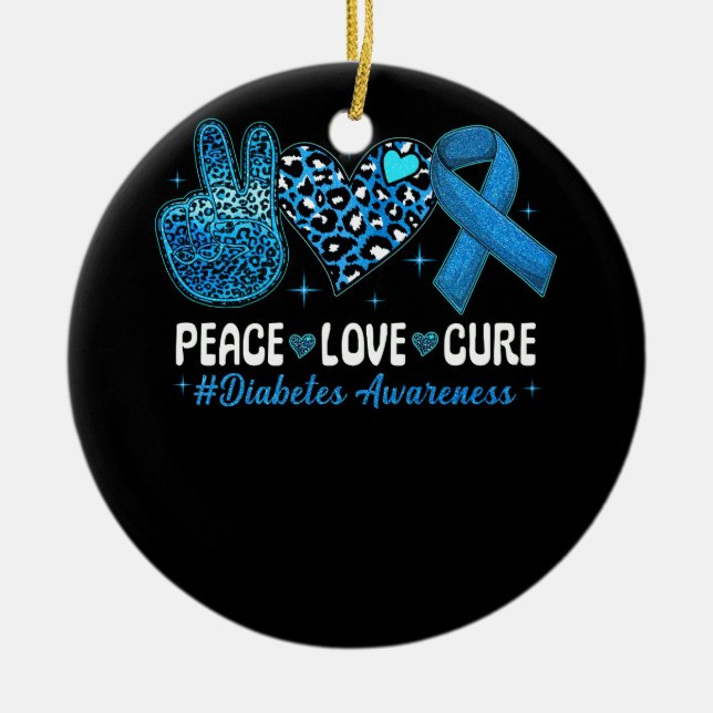 Peace Love Heart Cure Grey Blue Ribbon Diabetes Aw Ceramic Ornament (Front)