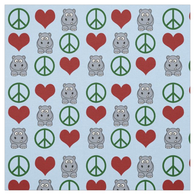 Peace Love Hippos Cute Hippo Pattern Fabric (Swatch)