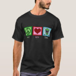 Peace Love Hockey Dark T-Shirt<br><div class="desc">A peace sign,  heart,  and a hockey player mask with hockey sticks make a great hockey shirt.</div>
