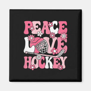 Peace Love Hockey Groovy Ice Hockey Lover Women Gi Magnet