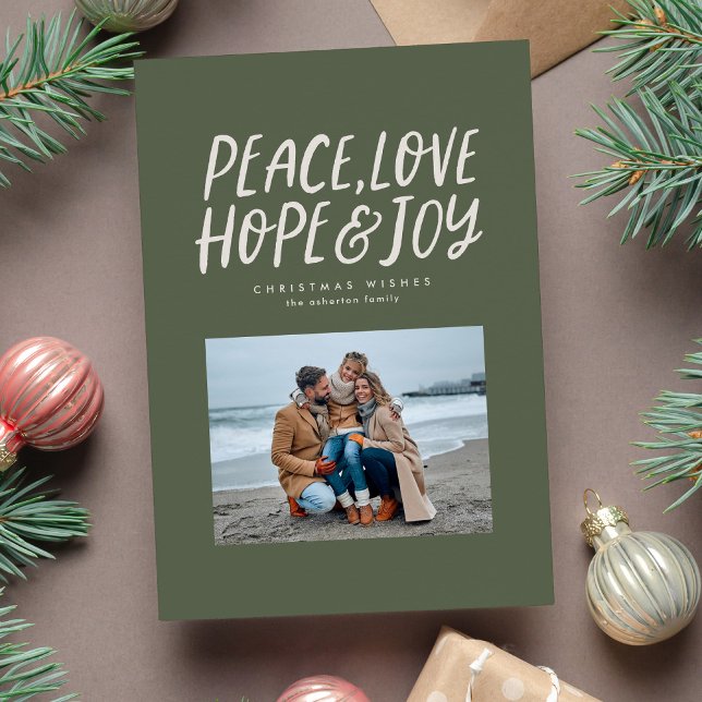 Peace love hope joy green Christmas photo Holiday Card (Creator Uploaded)