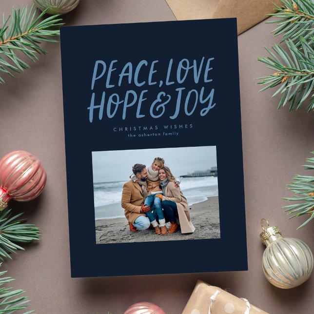 Peace love hope joy navy blue two photo Christmas Holiday Card (Creator Uploaded)