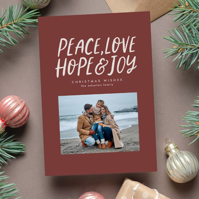 Peace love hope joy red two photo Christmas Holiday Card (Creator Uploaded)