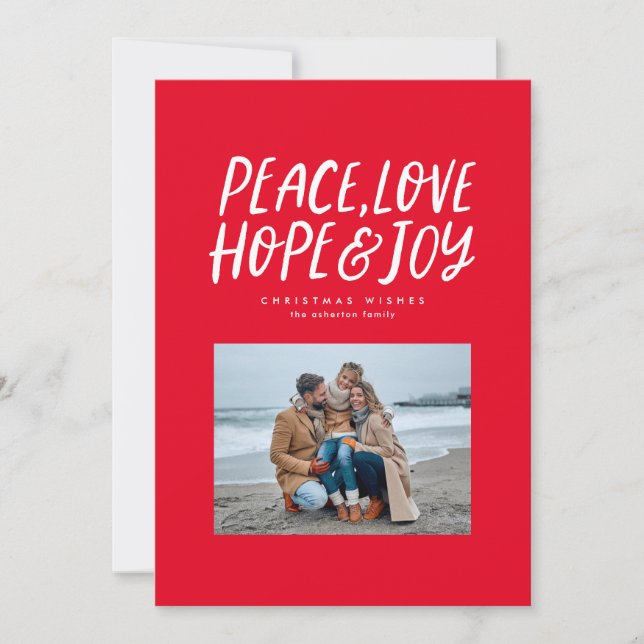 Peace love hope joy red white photo Christmas Holiday Card (Front)