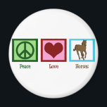 Peace Love Horses Magnet<br><div class="desc">I love beautiful horses. A pretty green peace sign,  a red heart,  and a brown horse on a blue square makes a cute equestrian magnet gift.</div>