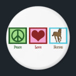 Peace Love Horses Magnet<br><div class="desc">I love beautiful horses. A pretty green peace sign,  a red heart,  and a brown horse on a blue square makes a cute equestrian magnet gift.</div>