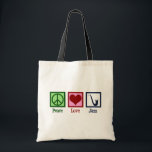 Peace Love Jazz Music Saxophone Tote Bag<br><div class="desc">Peace Love Jazz music. A cute jazz musician gift featuring a peace sign,  heart,  and cool saxophone.</div>