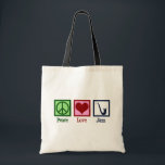 Peace Love Jazz Music Saxophone Tote Bag<br><div class="desc">Peace Love Jazz music. A cute jazz musician gift featuring a peace sign,  heart,  and cool saxophone.</div>