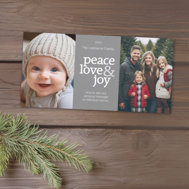 Peace Love Joy - 2 Photo - Grey Dots Holiday Card (Add 2 photos to this classic photo card that can be printed or sent out to friends and family.)