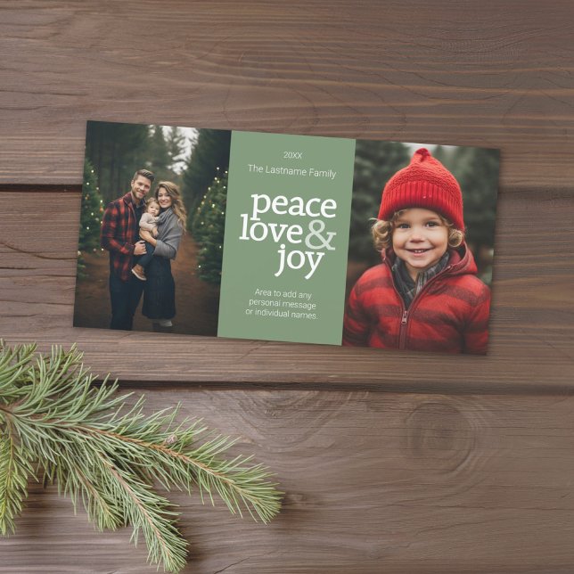 Peace Love Joy - 2 Photos - pastel green Holiday Card (Add 2 photos to this Christmas Card with a modern design. Download option available.)
