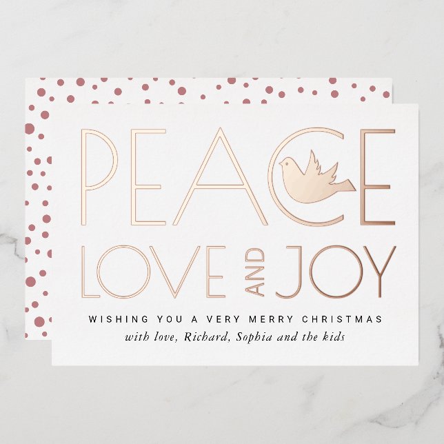 Peace, Love, Joy and dove Christmas rose gold Foil Holiday Card (Front/Back)