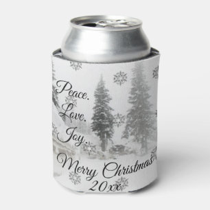 Peace Love Joy   Black & White Snowfall Christmas Can Cooler