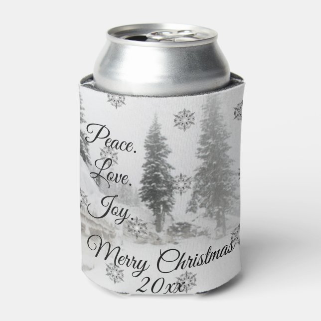 Peace Love Joy | Black & White Snowfall Christmas Can Cooler (Can Front)