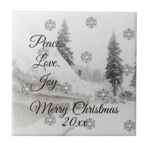 Peace Love Joy Black & White Snowfall Christmas Ceramic Tile
