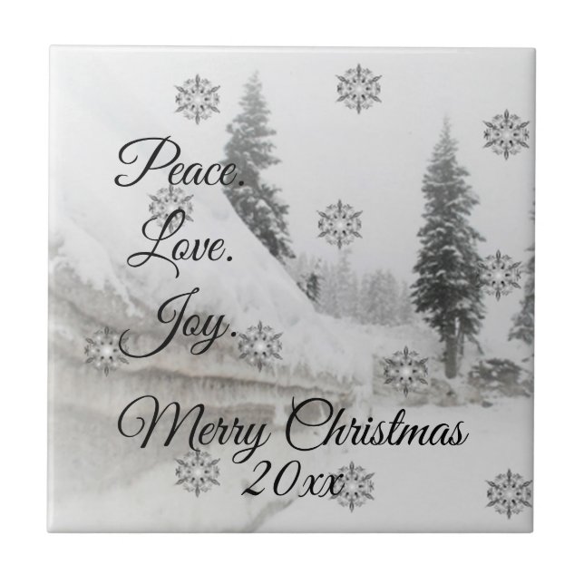 Peace Love Joy | Black & White Snowfall Christmas Ceramic Tile (Front)