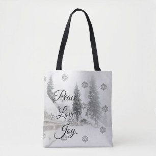 Peace Love Joy Black & White Snowfall Christmas Tote Bag
