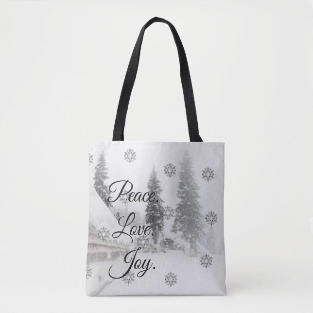 Peace Love Joy | Black & White Snowfall Christmas Tote Bag (Front)