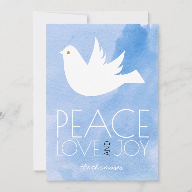 Peace, love, joy blue watercolor & dove Christmas Holiday Card (Front)