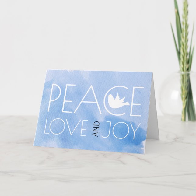 Peace, love, joy blue watercolor, dove Christmas Holiday Card (Front)