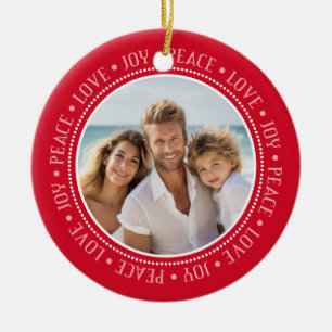Peace Love Joy Border in Red - Photo  Ceramic Ornament