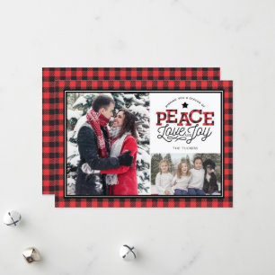 PEACE Love Joy Buffalo Plaid Border 2-Photo Holiday Card