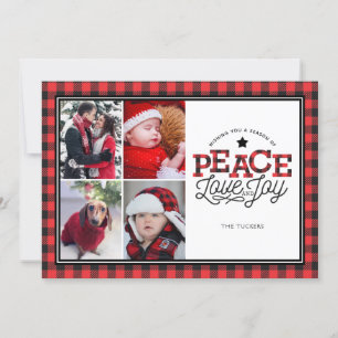 PEACE Love Joy Buffalo Plaid Border 4-Photo Card