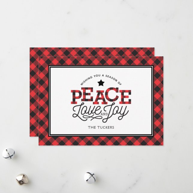 PEACE Love Joy Buffalo Plaid Border Holiday Card (Front/Back In Situ)