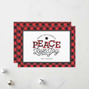 PEACE Love Joy Buffalo Plaid Border Holiday Card