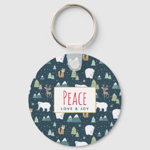 Peace Love & Joy Christmas Animals Pattern Key Ring