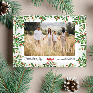 Peace Love Joy, Christmas Berries, Custom Photo  Holiday Card