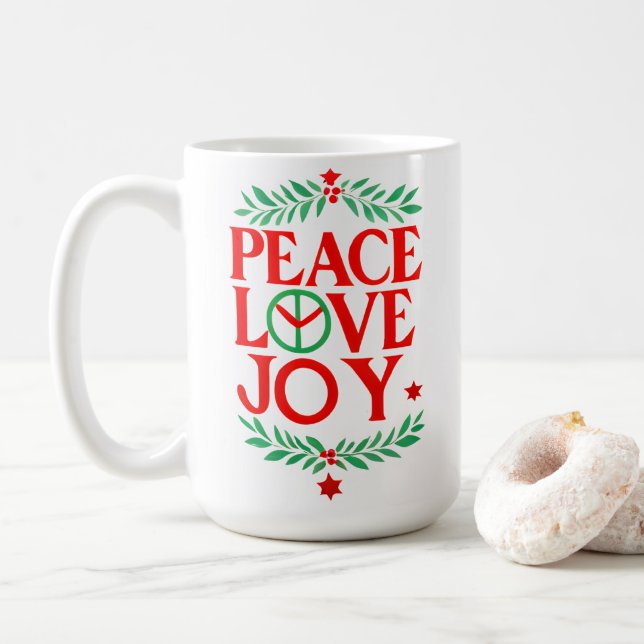 Peace Love Joy Christmas Festive Holiday  Coffee Mug (With Donut)