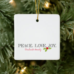 Peace Love Joy Christmas Holly NAME Holiday Ceramic Ornament