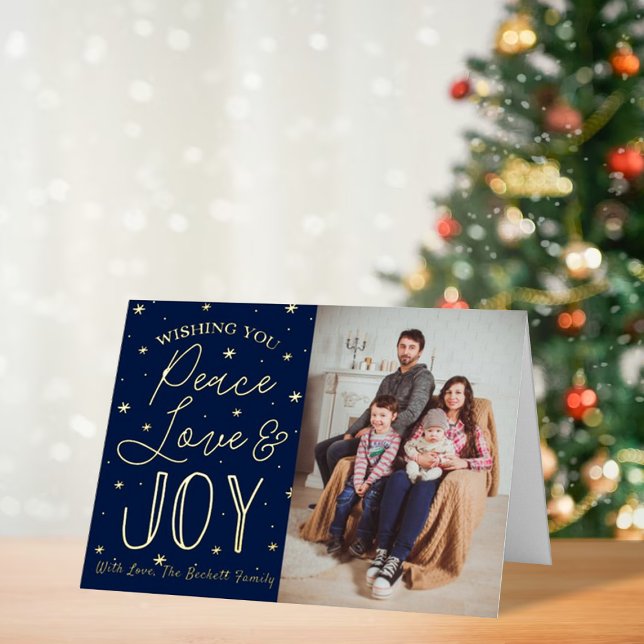 Peace, Love & Joy Christmas Photo Real Foil Holiday Card (Creator Uploaded)