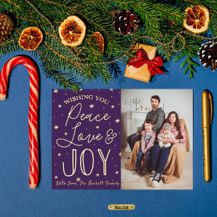 Peace, Love & Joy Christmas Photo Real Foil Holiday Postcard