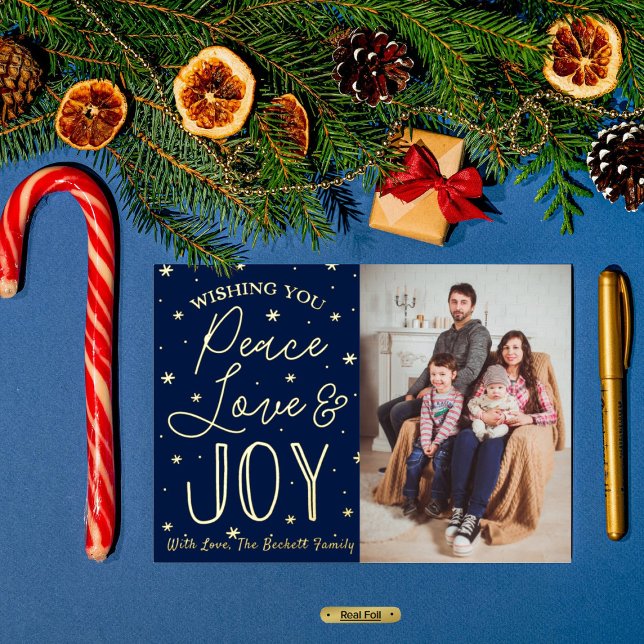 Peace, Love & Joy Christmas Photo Real Foil Holiday Postcard (Creator Uploaded)